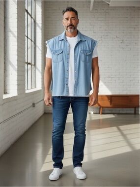 Light Blue Denim Sleeveless Button-Down Shirt - Casual Men's Layering Top